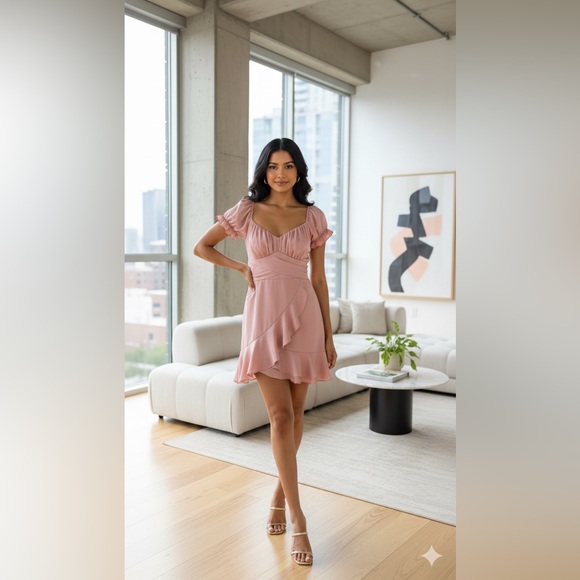 Lily & Peony Dresses & Skirts - (2583-09) A-LINE WAIST SHORT BUBBLE SLEEVE RUFFLE V-NECK MINI SUMMER DRESS